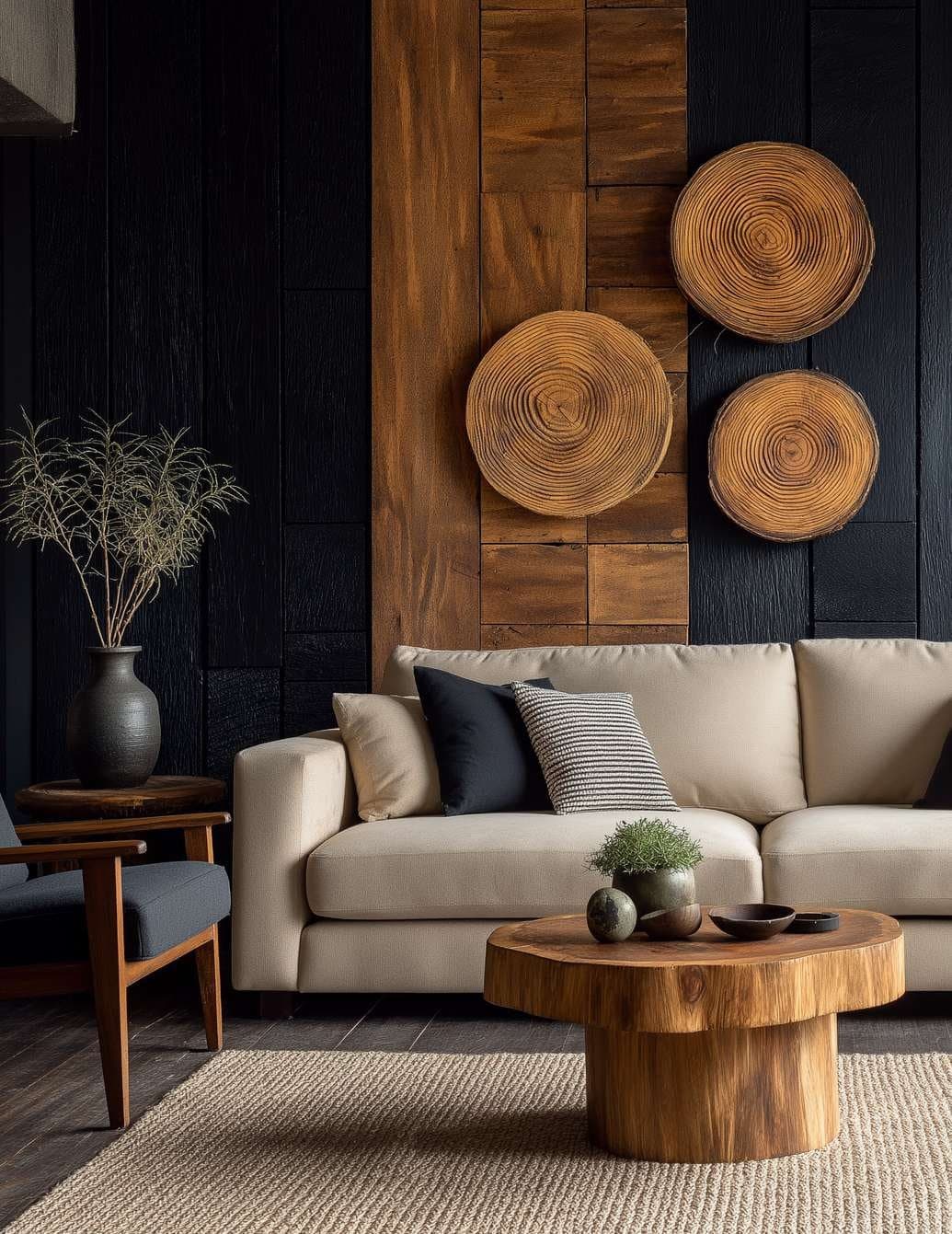 A dark, warmly lit living room
